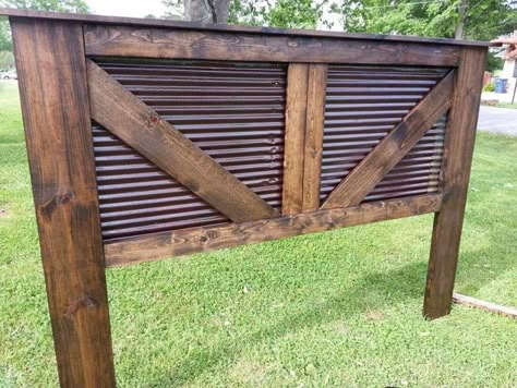 King size barn headboard my husband and I made with tin from an old barn. Reclaimed Wood Headboard, Head Boards, Corrugated Tin, Barn Wood Projects, Wood Crafting, Old Barn Wood, Diy Headboards, Wood Bed Frame, Diy Headboard