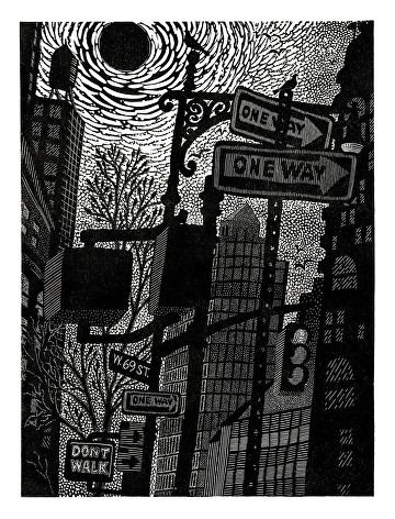 One Way by Karen Whitman, Linoleum Block Print, 17-7/8 x 14 Linoleum Printmaking, Alley Cats, Woodcut Art, Linoleum Print, Linoleum Block Printing, Lino Prints, Linoleum Block, Monochrome Art, Well Read