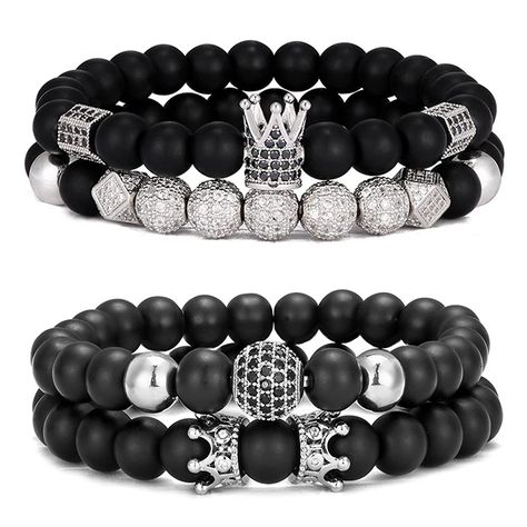 PRICES MAY VARY. Affordable Crown Bracelet Set：One Order Including 4pcs Crown Bracelets, 8MM Genuine Black Matte Onyx Stone Beads With A Magnificent CZ Zirconia Crown, 4PCS Beaded Bracelets are in different styles,Perfect to Match with you wear every day Material：Due to these bracelets are made of top class natural stone and alloy charm;handmade, nickel and lead free, they are sturdy. Easy to put on and take off Comfortable to Wear：8MM Beads diameter，Strung together With Strong Elastic Rope,that Black Crystal Bracelet With 8mm Beads, Black Onyx Crystal Bracelet With 8mm Beads, Black Onyx Spiritual Stretch Bracelet, Luxury Onyx Bracelet With 8mm Beads, Black Onyx 8mm Beads, Tiger Eye Bracelet, Onyx Bracelet, Bead Charm Bracelet, Mens Beaded Bracelets