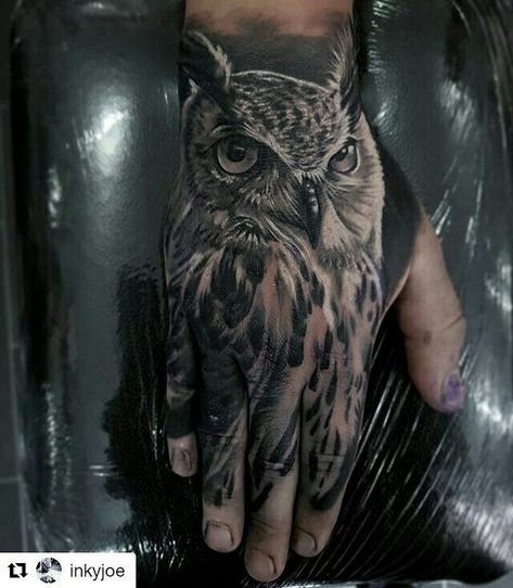 Owl Hand Tattoo, Jungle Sleeve, Wolf Tattoo Forearm, Owl Tattoo Sleeve, Owl Tattoo Drawings, Persian Tattoo, Animal Sleeve Tattoo, Hand And Finger Tattoos, Hand Tats