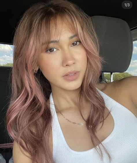 Rose And Brown Hair, Haircuts For Dimension, Blond Hair With Brunette Underneath, Rose Gold Peek A Boo Hair, Brown Hair With Dusty Pink Highlights, Brown Hair Pastel Pink Highlights, Ash Brown With Pink Highlights, Pink In Hair Brunette, Fun Neutral Hair Color Ideas