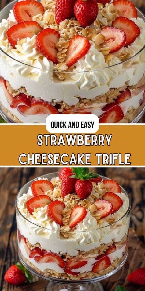 Strawberry Cheesecake Trifle Trifle Bowl Desserts, Strawberry Cheesecake Trifle, Trifle Recipes Easy, Trifle Bowl Recipes, Trifle Dessert Recipes, Cheesecake Trifle, Strawberry Dessert Recipes, Trifle Desserts, Trifle Recipe