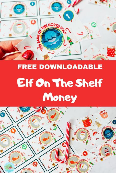 Printable Elf On The Shelf Money From The North Pole for Elf on the Shelf activities, pranks and North Pole themed Elf Crafts and Cards. #elfideas #printableelfontheshelf #EflOnTheShelf #ElfMoney #FreeChristmasPrintable #NorthPoleMoney #ChristmasCurrency #ElfPranks #ElfActivities Elf Money Printable, Elf On The Shelf Activities, Printable Elf On The Shelf, Reindeer Dust, Santa Footprints, Elf Crafts, Monopoly Money, Money Printables, Elves Gift