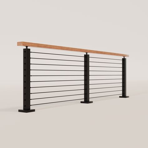 Backyard Railing Ideas, Front Porch Wire Railing Ideas, Guardrail Design Outdoor, Metal Cable Railing, Mid Century Modern Railing, Outdoor Deck Railing Ideas, Metal And Wood Railing, Outdoor Railings For Porch, Deck Railing Modern