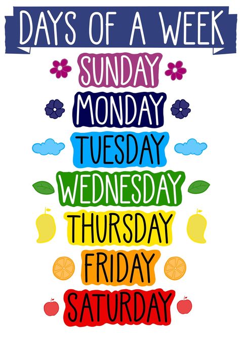 Days Of The Week Worksheet, Preschool Name Tags, Days Of The Week Stickers, Preschool Charts, Nursery Rhymes Lyrics, Preschool Activities Printable, Preschool Names, Rainbow Poster, Kids Worksheets Preschool