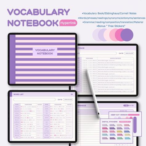 Language Learning Digital Planner in Purple | Bonus Free Stickers | Vocabulary & Grammar PDF Notebook | Hyperlinked Language Study Notebook passionplannerdaily #planners #healthplanner #assignmentplanner💻. Goodnotes Language Learning Template Free, Learning Template, Language Journal, Assignment Planner, Study Planner Printable, Student Planner Printable, Vocabulary Book, Free Notebook, Planner Writing