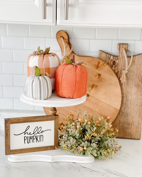 Home Decor • Modern Farmhouse on Instagram: “There’s nothing better then a cute tiered tray for fall + new arrivals 🍂 . . . . #tieredtraydecor #tieredtray #tieredtrayinspo…” Autumn Coffee Table Decor, Glam Fall Decor, Fall Coffee Table Decor, Kitchen Countertop Decor, Fall Tiered Tray Decor, Countertop Decor, Work Space Decor, Counter Decor, Wood Pumpkins