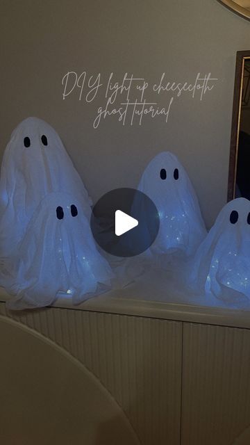 Cute Ghost Lamp, Diy Ghost Dollar Tree, Ghost Lights Diy, Cheese Cloth Ghost Diy, Cheesecloth Ghost Diy, Diy Ghost Decoration, Ghost Tutorial, Dollar Tree Halloween Decor, Cheesecloth Ghost