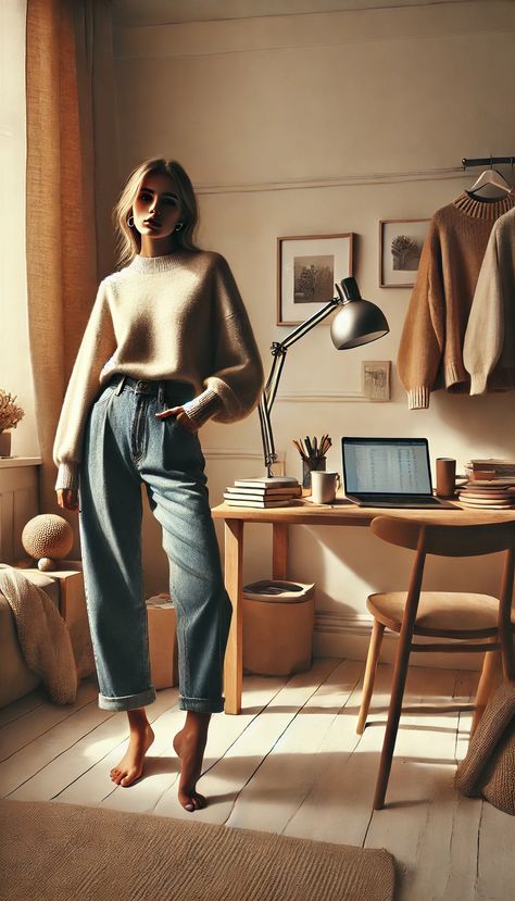 Model in a cozy work-from-home outfit with high-waisted jeans and oversized sweater, in a warm home office setup. Winter Work From Home Outfit, Working From Home Outfits, Work From Home Outfit, Mom Outfit, Winter Work, Cozy Chic, Mom Outfits, Stay Cozy, Casual Denim