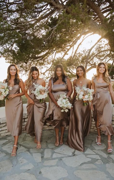 Tan Bridesmaids, Beige Bridesmaids, Taupe Bridesmaid, Hairstyles For Summer, Brown Bridesmaid Dresses, Taupe Bridesmaid Dresses, Beach Bridesmaids, Neutral Bridesmaid Dresses, Beach Bridesmaid Dresses