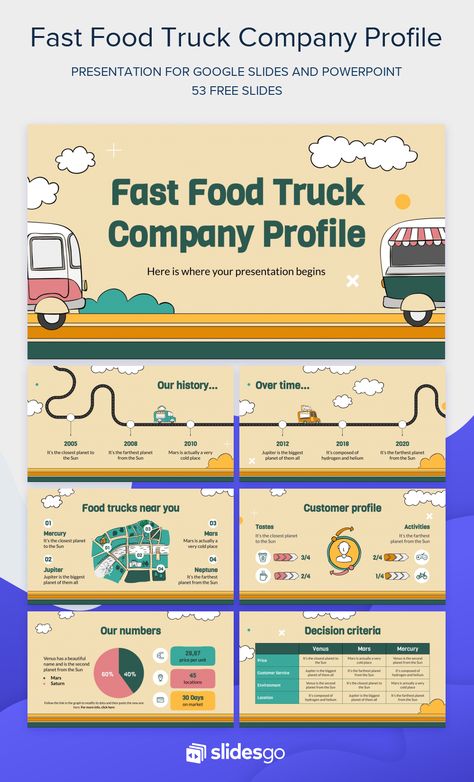 Pretty Powerpoint, Fast Food Truck, Company Profile Presentation, Truck Company, Presentation Slides Design, Truck Business, Powerpoint Slide Designs, Food Truck Business, Slides Design