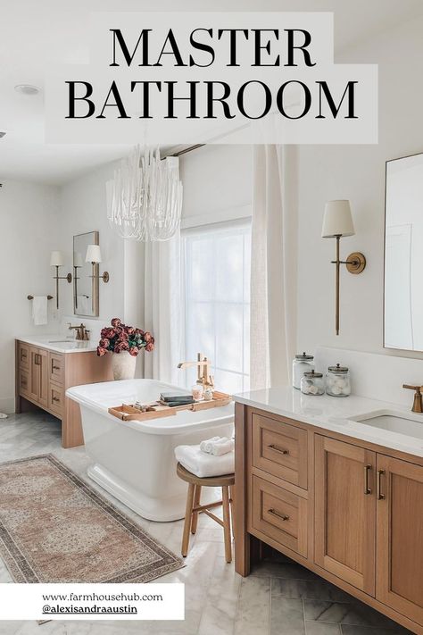 Master Bathroom Vanity Modern European Farmhouse, Farmhouse Bathroom Inspiration, Floating Vanities, Modern Farmhouse Bathroom Ideas, Stylish Mirror, Statement Mirror, European Farmhouse, Vanity Ideas, Modern Farmhouse Bathroom