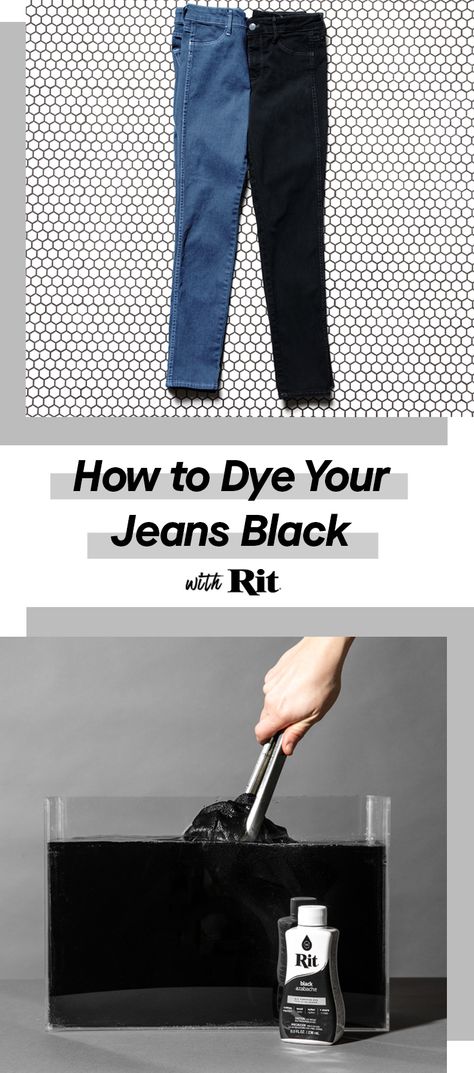 Do you love the fit of an old pair of jeans but wish you could update the color? Pretty much everyone does. With Rit, we can make that possible. Follow along to see how easy it is. How To Dye Jeans Black, Dye Blue Jeans Black, Dyeing Jeans, Dye Jeans Black, Clothing Remakes, Jean Jacket Design, Upcycle Kids, Light Color Jeans, Diy Dye