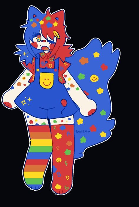 Kidcore Cat Drawing, Fursona Outfit Ideas, Dreamcore Character Design, Kidcore Fursona, Kidcore Oc Art, Clowncore Art, Kidcore Oc, Weirdcore Oc, Eyestrain Art