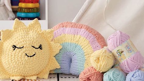 With cuteness with some practicality involved, these 121 Assorted Land and Sea Patterns range from plants, sea creatures and market vegetables and bags. Sun Pillow, Pillow Crochet Pattern, Crochet Pillow Patterns Free, Bernat Baby Blanket Yarn, Pillow Crochet, Rainbow Pillow, Crochet Crowd, Crochet Cat Pattern