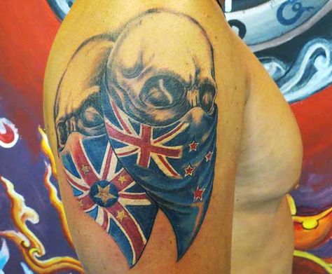 Aussie flag and skull tattoo idea Aussie Tattoo, Pegasus Constellation, Tattooed Freckles, Aussie Flag, Afro Hair Girl, Pisces Constellation Tattoo, Enough Tattoo, Taurus Constellation Tattoo, Australian Tattoo