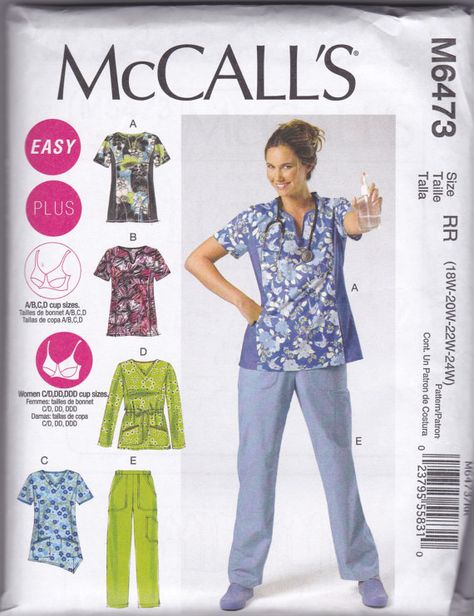 M6473 McCall's Dental Hygienist Uniform Sewing Pattern Sizes 18W-20W-22W-24W Makes Tops and Pants Scrubs Pattern, Nightgown Pattern, Bonnet Pattern, Loose Fitting Pants, Kwik Sew, Pants Sewing Pattern, Paper Sewing Patterns, Womens Scrubs, Easy Sewing Patterns