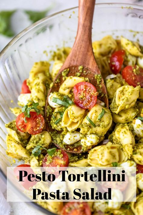 Easy 5-ingreient Pesto Tortellini Pasta Salad recipe takes just minutes to make and is packed with flavor. Great cookout side dish! Cookout Pasta Side Dishes, Cold Side Salads Parties, Pasta Dishes With Pesto, Tortellini Side Dish, 3 Cheese Tortellini Recipes, Pesto Side Dish, Easy Cookout Sides, 3 Cheese Tortellini, Pesto Tortellini Pasta Salad