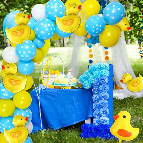 113 Pcs Yellow Duck Balloon Arch Garland Kit 12 10 5 Inch Blue Yellow White Latex Balloons Mini Yellow Duck Foil Balloons for Baby Shower Decorations Rubber Duck Themed Birthday Party Supplies  Rubber Duck Birthday Ideas | Duck Birthday Balloons | Ducky 1st Birthday Inspiration | Duck Balloon Backdrop First Birthday | Fun to be ONE | ONE Lucky Duck | Rubber Ducky You're the ONE | Splish Splash | Duck Balloon Garland Kit on Amazon with Latex and Foil Balloons to make a unique fun celebration Rubber Duck Birthday Party Decorations, Duck Balloon Arch, Duck Themed Birthday Party, Rubber Duck Birthday Party Ideas, Duck Balloon, Rubber Ducky Birthday, Rubber Duck Birthday, Duck Birthday, Yellow Duck