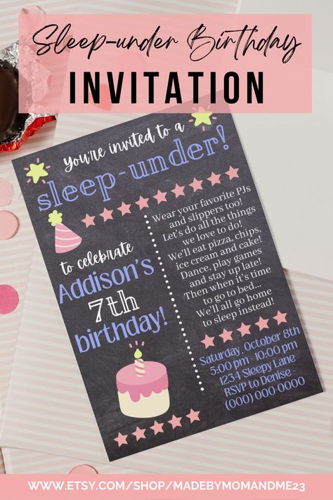 Celebrate your special girl's birthday with our "Sleep Under" 5x7" party invitation. This editable double-sided invite can be used for any birthday... 7th, 5th, 3rd, etc... simply by editing the text in this fully customizable Canva template. You can personalize the fonts, text size, text color and background color. You may also choose to print your invitation single / double-sided or send to your guests through text / social media. Sleep Under Invitations, Sleep Under Birthday Party Ideas, Sleep Under Party Ideas, Sleep Under, Sleep Under Party, Birthday Pajama Party, Pajama Party Invite, Girls Pajamas Party, Girls 9th Birthday