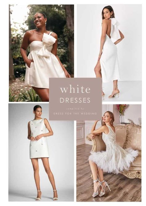 Collage showing 4 product images of white dresses on models Cocktail Wedding Dress Brides, Cute White Dresses, White Dresses For Wedding, White Mini Dresses, White Cocktail Dresses, Dress For The Wedding, Engagement Party Dresses, Bachelorette Party Dress, Cute White Dress