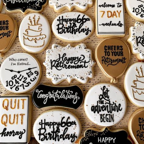 Retirement Cake Decorations, Work Retirement Party Ideas, Retirement Cookies, Happy Retirement Decorations, Retirement Party Cakes, Happy 66th Birthday, 66th Birthday, Retirement Decorations, Family Favorite Recipes