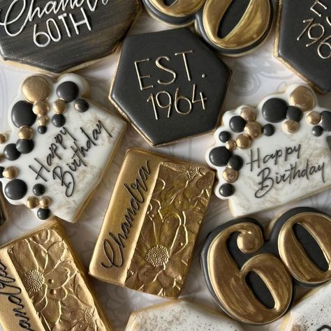 60 Birthday Cookies Decorated, 60th Birthday Sugar Cookies, 60th Birthday Cookies, Gold Cookies, 60 Birthday, Cookies Birthday, Milestone Birthday Party, Sweets Table, Cookie Favors