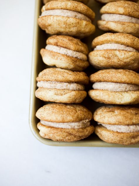 Snickerdoodle Sandwich Cookies, Soft And Chewy Snickerdoodle Cookies, Chewy Snickerdoodle Cookies, Cinnamon Buttercream, Bourbon Tasting, Crunch Bar, Cinnamon Butter, Buttercream Filling, Dessert Ingredients