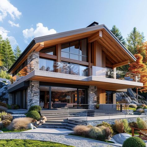 Mountain Villa Design, Modern Chalet Architecture, Modern Village House Design, Modern Mountain House Plans, Modern Mountain Cabin, Chalet Style Homes, Chalet House, Swiss House, Modern Wooden House