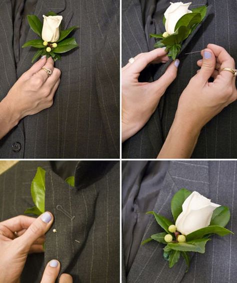 Boutannaires Diy, How To Pin A Boutonniere, Corsage Diy, Diy Boutonniere, Groomsmen Boutonniere, Corsage And Boutonniere, Bridal Bouquet Flowers, Prom Flowers, Groom Boutonniere