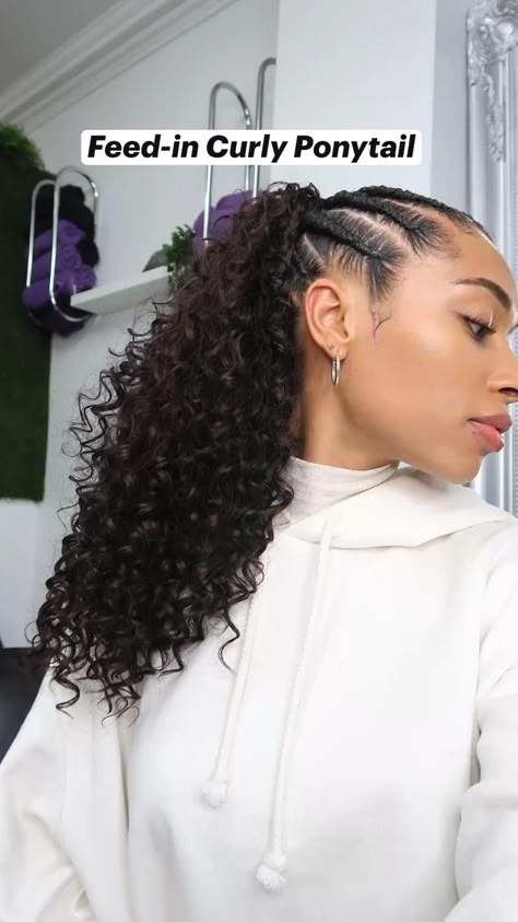 Braided Curly Ponytail Black Women, Cornrows With Ponytail Weave, Feed In Curly Ponytail, Cornrow Curly Ponytail, Curly Ponytail Braid, Stitch Braids With Curly Ponytail, Cornrows With Ponytail Extensions, Braids With Ponytail Weave, Kanekelon Updos