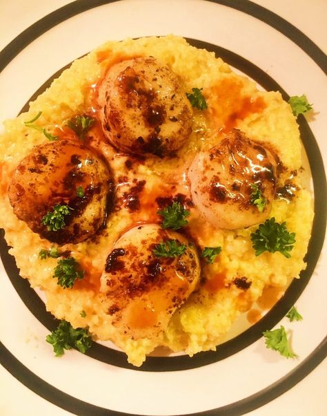 Scallops & Grits Scallops With Grits, Scallop And Grits Recipes, Scallops And Cheese Grits, Seafood Grits Recipe, Scallops And Grits, Scallops And Grits Recipe, Seafood Grits, Scallops With Corn, Cheese Grits Recipe