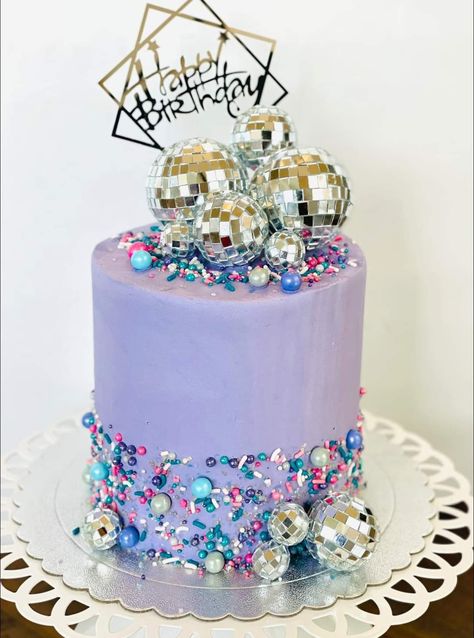 Disco Ball Birthday Cake Ideas, Disco Smiley Birthday, Space Disco Birthday Party, Bejeweled Birthday Cake, Purple Disco Ball Cake, Neon Disco Birthday Cake, Girls Disco Party Ideas, Mirror Ball Birthday Cake, Simple Taylor Swift Birthday Cake