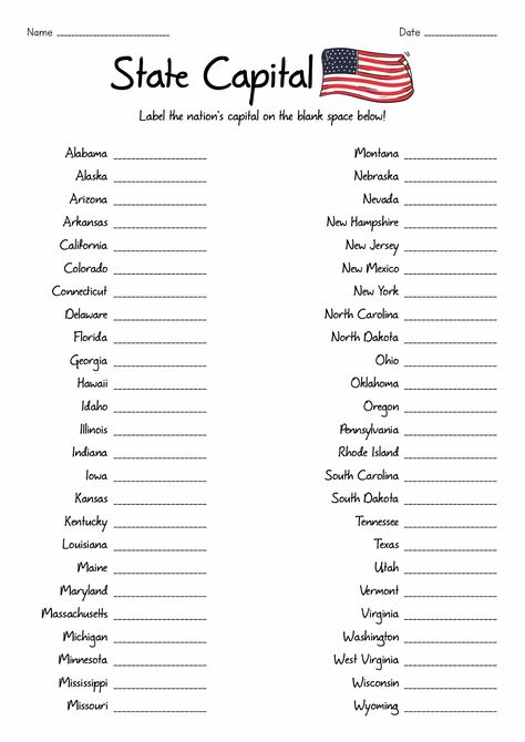 State Capitals Worksheet Free Printable, States And Capitals Printables Free, 50 States And Capitals, State Capitals Quiz, States Capitals, Learning States, United States Geography, Geography Worksheets, Print Handwriting