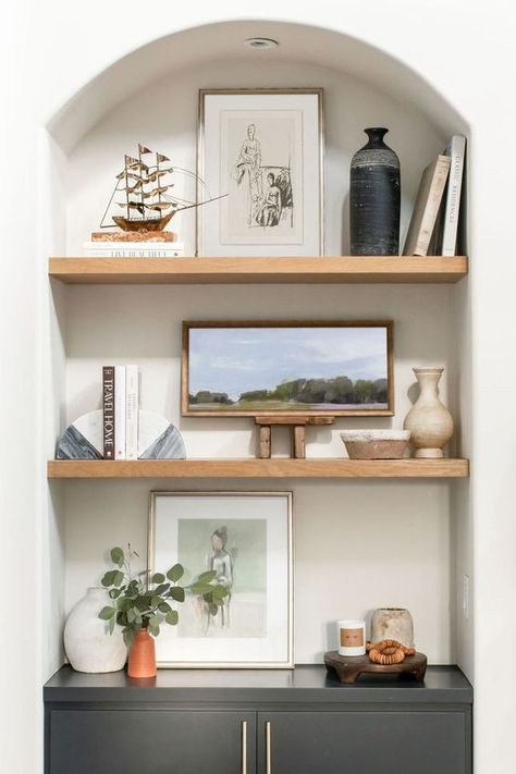 17 Best Tips to Decorate Shelves For a Stylish Home - Life on Kaydeross Creek Arched Shelf Decor, Shallow Shelf Decor, Tv Shelf Decor, Bedroom Floating Shelf, Styling Shelves Living Room, Living Room Shelves Decor, Decorate Shelves, Arched Cabinet, Shallow Shelves