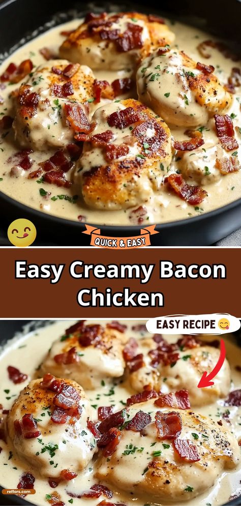 Easy Creamy Bacon Chicken Chicken Cheese And Bacon Recipes, Creamy Chicken Bacon Alfredo Pasta, Chicken In Creamy Bacon Sauce, Dinner With Chicken And Bacon, Supper Chicken Ideas, Chicken Bites With Sauce, Easy Dinner Recipes Bacon, Easy Recipes With Bacon Dinners, Creamy Bacon Pork Chops