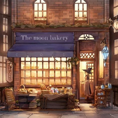 Bakery Shop Concept Art, Japanese Bakery Shop Design, Fantasy Bakery Concept Art, Anime Scenes, Anime Places, Cafe Concept, Seni Dan Kraf, Rpg Map, Scenery Background