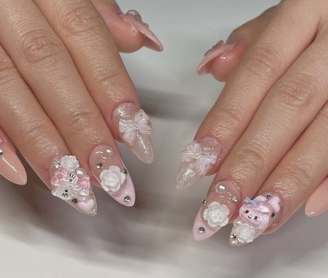 Douyin Nails Almond, My Melody Nails, Sanrio Nails, Asian Nails, Romantic Nails, Grunge Nails, Blush Nails, Shiny Nails, Pretty Gel Nails