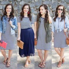 Striped Dress Outfit, Look Office, Shirt Dress Outfit, Striped T Shirt Dress, Elegante Casual, Striped T Shirt, Dress Outfit, Little Dresses, Modest Outfits