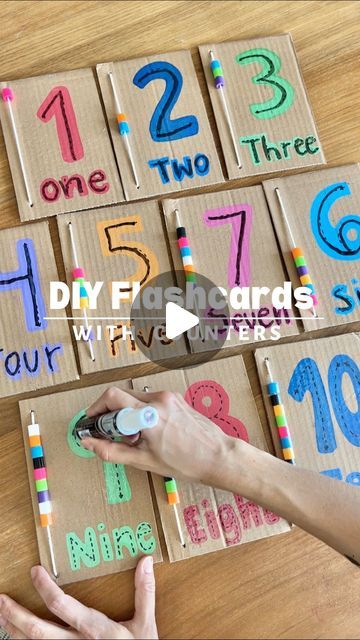 1.6M views · 64K likes | Stephanie & Katrina | Crafty Moms on Instagram: "DIY FLASH CARDS - ERASABLE 🔢 You asked for this new version and we really hope you enjoy this new video! Of course we have flash cards at home but our kids are no longer interest on using them so we decided to create our own flash cards with a twist! 🤩 we made one before with drawings of fruits and veggies but many of you told us that you can’t draw, so this time we decided to use beads and a yarn cord as counters so kids can count them and trace the numbers accordingly. They will practice number recognition and improve their writing skills at the same time 💫   This activity will definitely help them learn the numbers in a more engaging way by tracing them. The great thing about these homemade cards is that they a Flash Cards For Kids Ideas, Number 1 Crafts Preschool, Number 6 Craft, Numbers Activities For Toddlers, 1 To 10 Numbers Activities, Number Counting Activities Preschool, How To Make Flash Cards, Flash Card Ideas, Preschool Number Cards