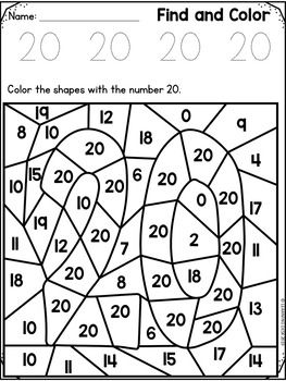 Numbers Recognition 1-20 - Numbers Sense Worksheets for Pre-K by Learning Desk Number 20 Worksheets For Preschool, Number Worksheets For Preschool 1-20, Number 20 Worksheet, Find And Color, Numbers To 20, Number Activity, Color By Number Printable, Learn Numbers, Free Kindergarten Worksheets