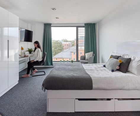 Premium Studio - Host Student Apartments Birmingham | Host Kitchen With Microwave, Tiny Bedroom Design, Student Apartment, Student Home, Breakfast Bar Stools, Bedside Table Storage, Student Living, Student Accommodation, Studio Room