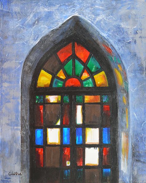 Stained Glass Window Painting On Canvas, Stained Glass Oil Painting, Stain Glass Painting Canvas, Stained Glass Acrylic Painting Canvas, Church Paintings Ideas, Painting Of Stained Glass Window, Window Painting Canvas, Stained Glass Church Windows, Stain Glass Drawing