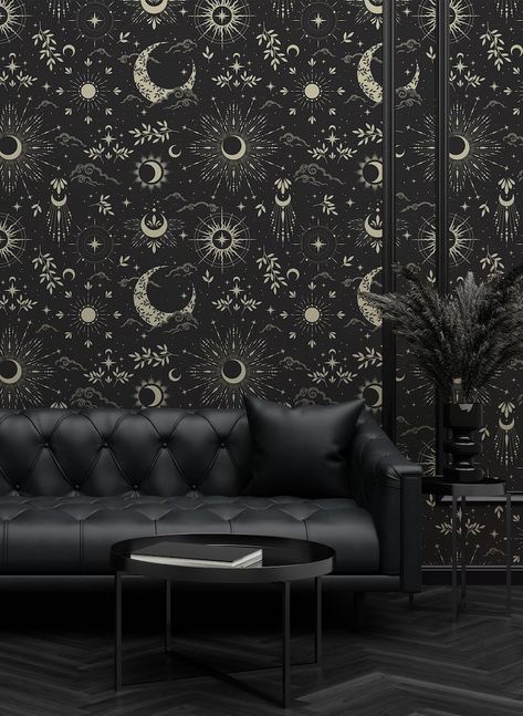 Witch Room Wallpaper, Esoteric Wallpaper, Goth Wallpaper For Home, Celestial Bedroom Wallpaper, Celestial Wallpaper Living Room, Gothic Decor Diy, Gothic Astrological Bedroom, Mystical Wallpaper, Wallpaper Accent Wall Bathroom