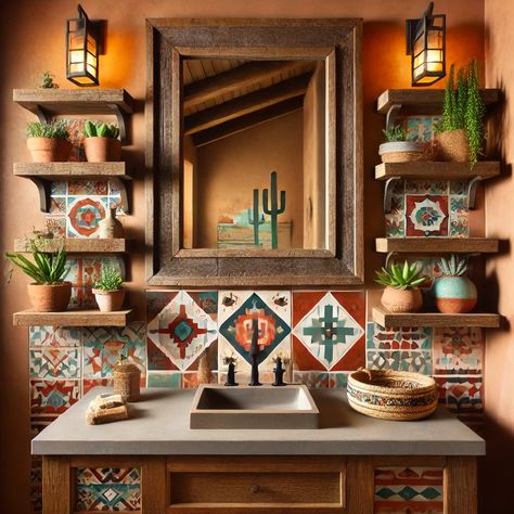 Mexican Inspired Bathroom Decor, Mexican Bathroom Ideas Mexico, South Western Bathroom Ideas, Mexican Restroom Ideas, Mexican Inspired Bathroom, Mexican Style Bathroom Ideas, Southwestern Bathroom Ideas, Southwest Bathroom Ideas, Terracotta Tile Bathroom