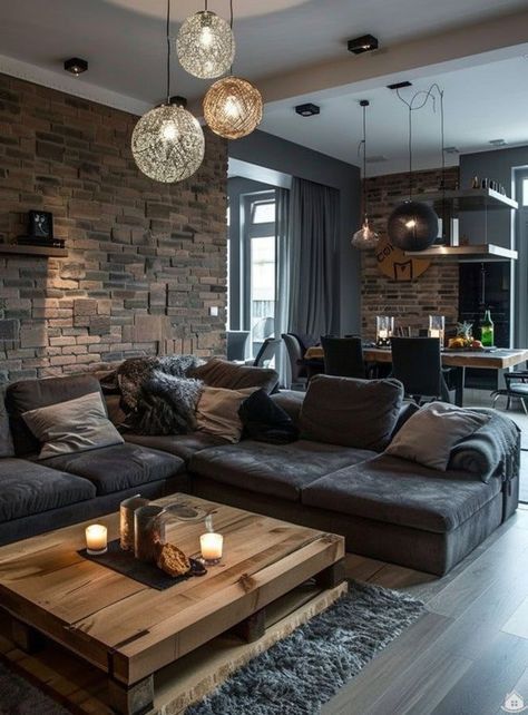 House Design Ideas Living Room, Black Family Room Ideas, Black Rustic Living Room, Dark Wood Living Room Decor, Dark Floor Interior, Warm Rustic Living Room, Cozy Lounge Room, Living Room With Black Couch, Black Wood House