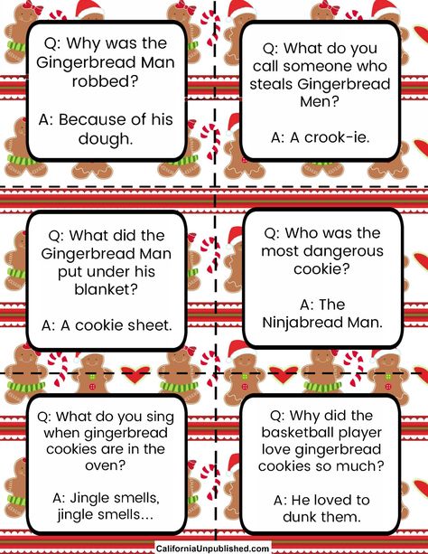 Free Printable Gingerbread Man, Man Lunch, Christmas Quiz, Lunchbox Jokes, Gingerbread Party, Lunch Notes, Christmas Jokes, Hilarious Jokes, Funny Jokes For Kids