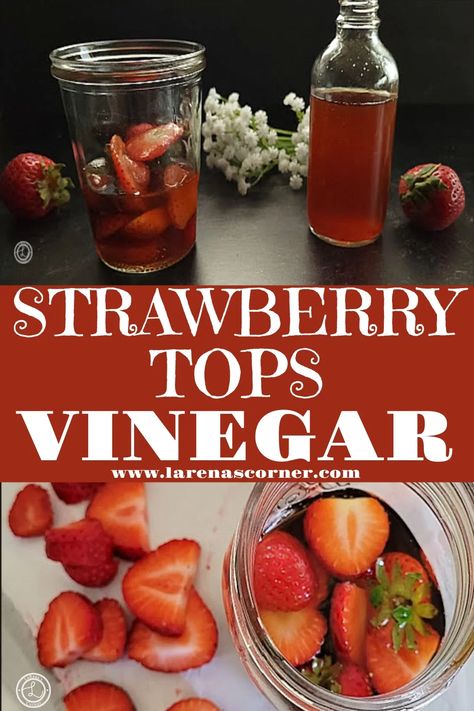 Strawberry Tops Vinegar two pictures. One of making the vinegar and the second of the made vinegar. Fruit Vinegar Recipes, Strawberry Vinegar Recipe, Strawberry Vinaigrette Dressing, Strawberry Vinaigrette Recipe, Flavored Vinegar Recipes, Strawberry Tops Recipe, Strawberry Dressing, Strawberry Vinegar Uses, Strawberry Tops