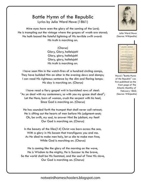 The Battle Hymn of the Republic by Julia Ward Howe (1861) holds special significance in American History. This worksheet includes the lyrics and facts pertaining to the Battle Hymn of the Republic. Lyrics Worksheet, Battle Hymn Of The Republic, Patriotic Songs, Hymns Lyrics, American Songs, Patriotic Food, Grapes Of Wrath, Grandmothers Love, Faith Journey