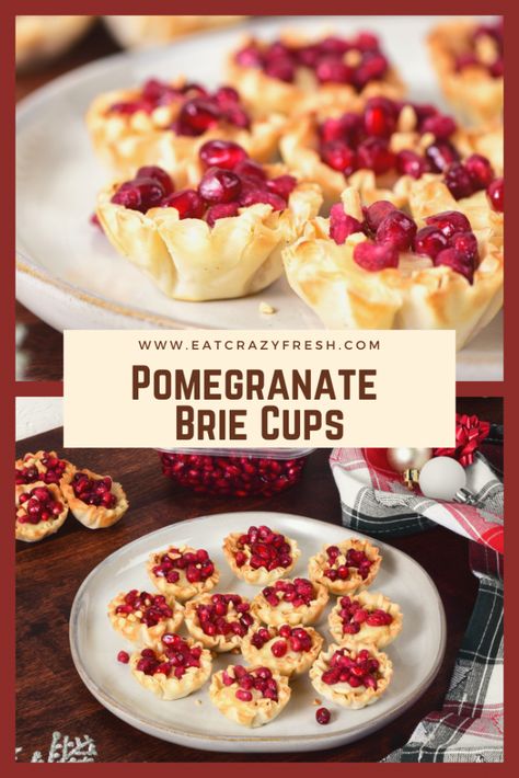 Pomegranate Brie Cups Recipe | Crazy Fresh Pomegranate Thanksgiving Recipes, Appetizer With Pomegranate, Pomegranate Appetizer, Recipes Using Pomegranates, Thanksgiving Appetizers Pomegranate, Pomegranate Recipes Appetizer, Pomegranate Brie Appetizer, Brie And Pomegranate, Pomegranate Brie